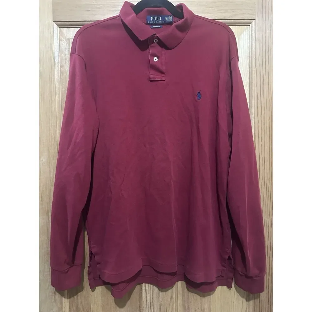 Polo Ralph Lauren Men's Polo Long Sleeve‎ Rugby Shirt Cotton Burgundy XL EUC
